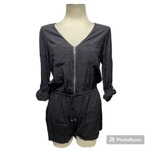 Guess Black Zip Up Shorts Romper With Drawstring Waist Gold Details Size M